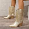 Золотые женские сапоги, высокие сапоги с кисточками для женщин, дизайнерские ковбойские сапоги, современные сапоги с острым носком, на толстом каблуке, до середины голени, в стиле вестерн