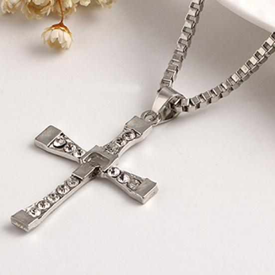 Cool Rhinestone Cross Pendant Long Necklace Men Jewelry Xmas Gift