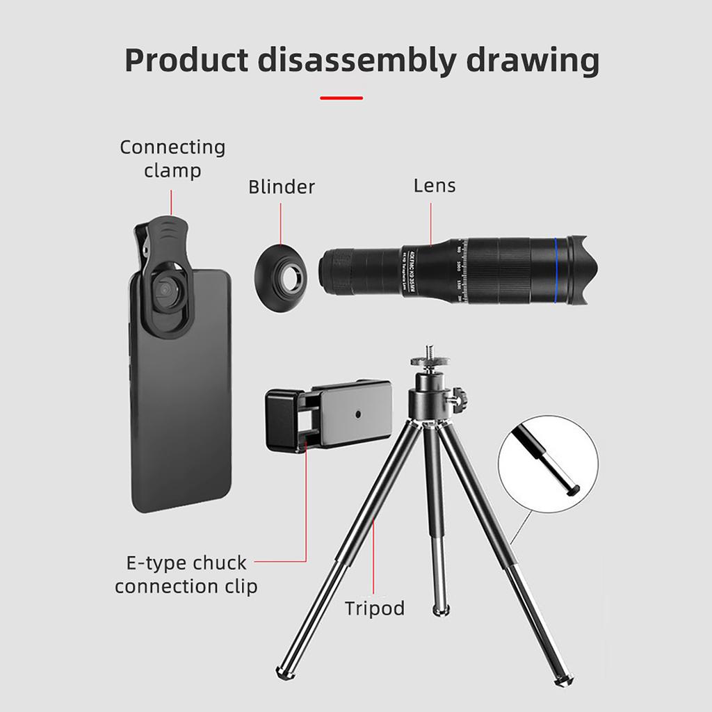 40X Mobile Phone Telephoto Lens Kit with Lens Clip + Phone Holder + Extendable Mini Tripod + Remote Shutter for Hiking