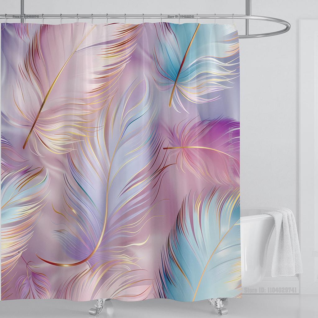 3D Feather Shower Curtain Set Colorful Printed Design Fabric Bathroom Decoration Waterproof Washable Shower Curtain with Hooks