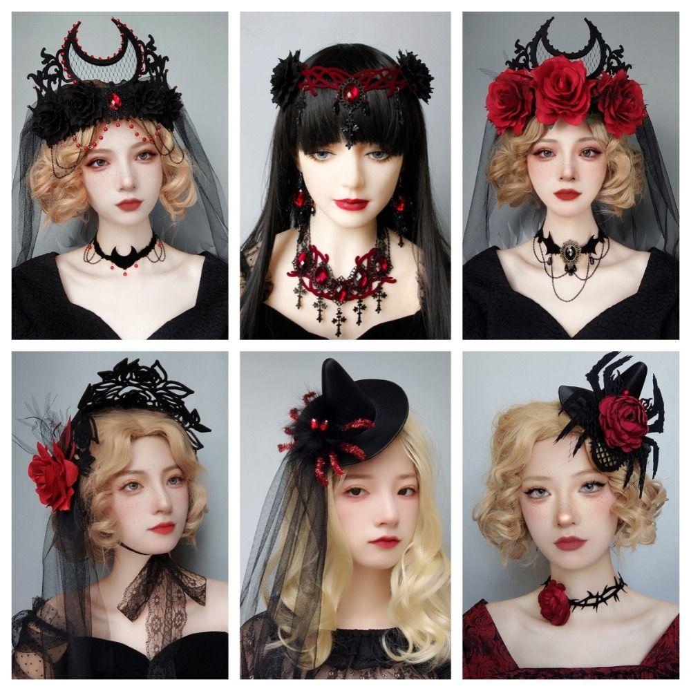 Black Veil Thorns Rose Crown Flower Spider Hat Sweet Gothic Hair Clip Girls