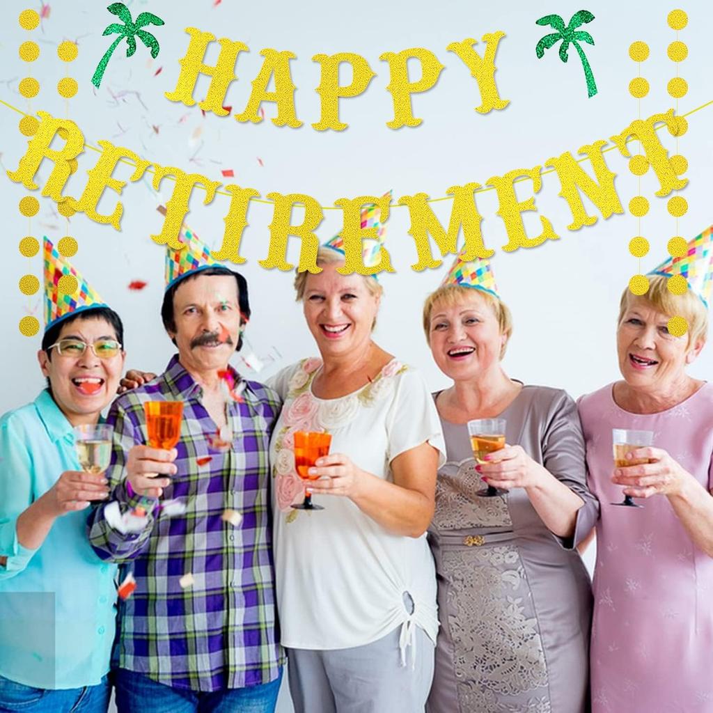 Gold Glitter Retirement Banner, Happy Retirement Party Decorations, Farewell Party Decor - Summer Beach Theme for Men & Women