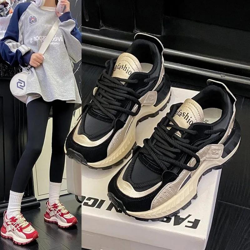 Модные вафельные туфли Forrest Gump для женщин 2024 года, новые осенне-зимние туфли с толстыми подошвами из бархата и искусственной кожи на шнуровке, мягкие повседневные спортивные туфли