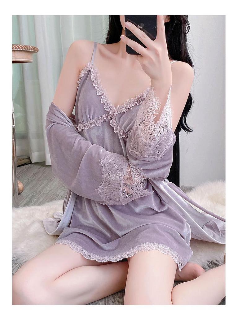 Golden Velvet Women's Winter Pajama Set: Korean Style with Lace, Chest Pads, Camisole & Long Pants - Girlish & Sweet Four-Piece Ensemble