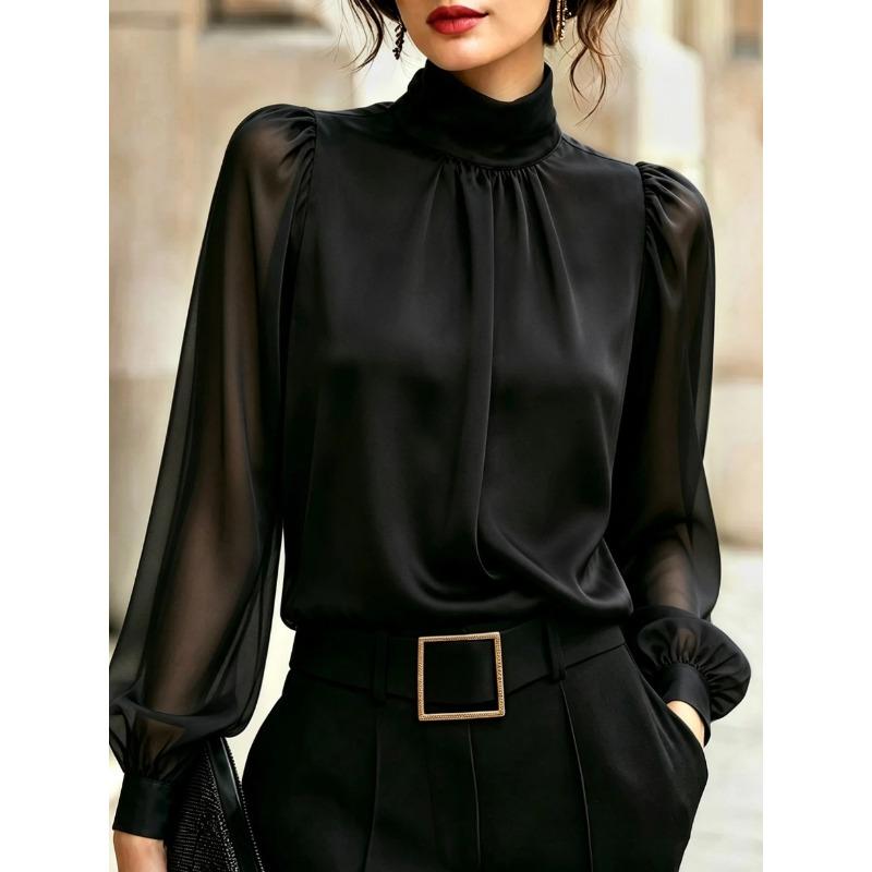 VEZFAA Women's Fashion Casual Spring Autumn Leopard Print Long Sleeve High Neck Blouses & Shirts