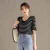 RAIN.CUN Women's V-Neck Faux Two-Piece Striped T-Shirt
