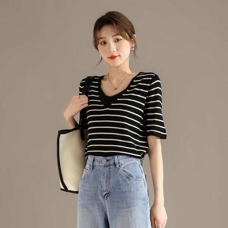 RAIN.CUN Women's V-Neck Faux Two-Piece Striped T-Shirt