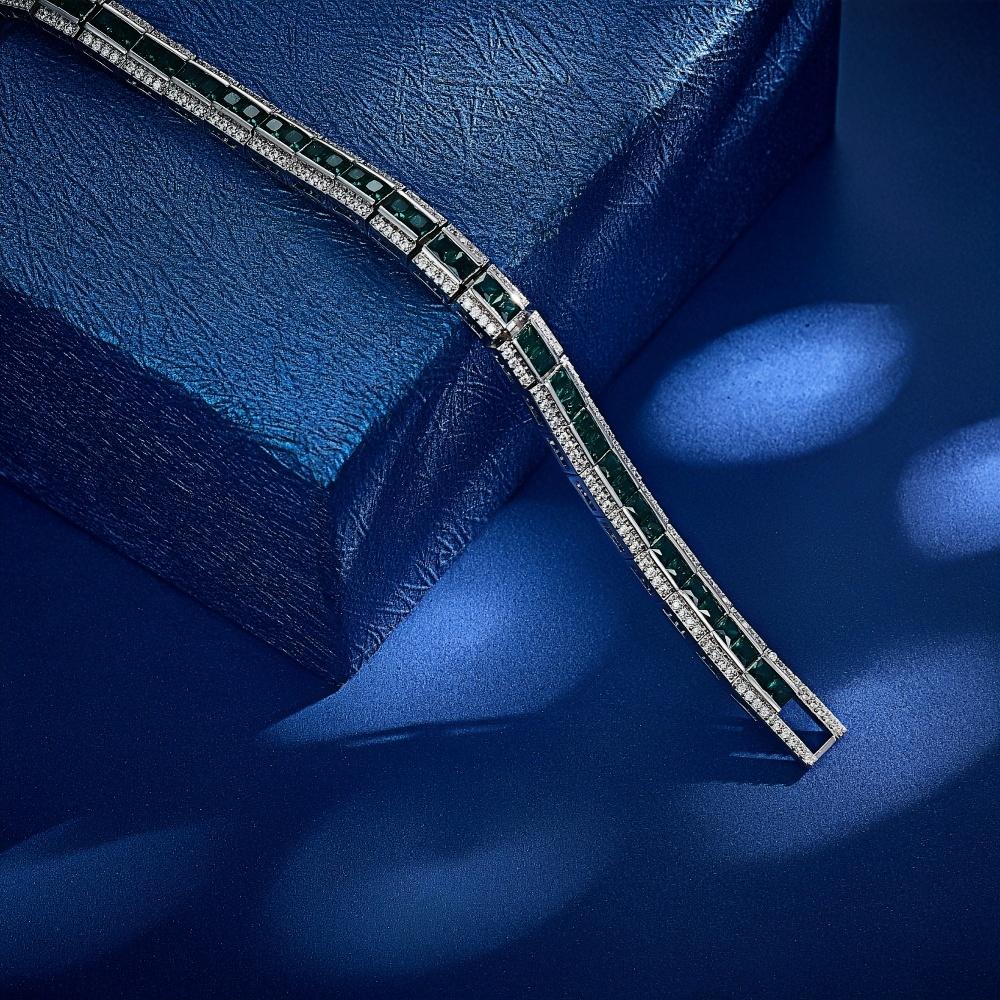 Elegant Sliver Plated Design Green Square White Round Zirconia Tennis Bracelet