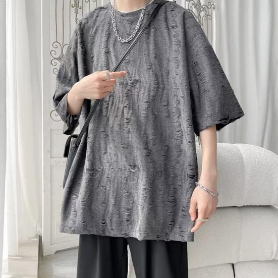 Летняя мужская футболка с рваными отверстиями, короткими рукавами и круглым вырезом, свободная ретро-пуловер в стиле High Street, однотонная, средней длины, мягкая повседневная футболка для подростков