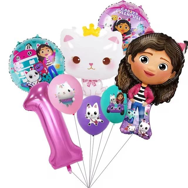 Gabby Dollhouse Cats Balloon Birthday Party Decorations green pink Cat Tableware Tablecloth Napkin Plate Cups Sticker Party Supp