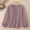 ZANZEA Women Casual V-neck Plaid Print Loose Long Sleeve Blouse