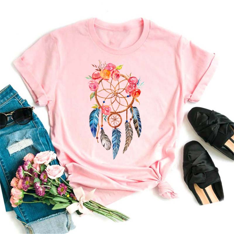 Fashion Feather Dreamcatcher T Shirt Women Harajuku Graphic Tees Shirt Femme Dream Catcher Women's T-shirt Clothes Tops