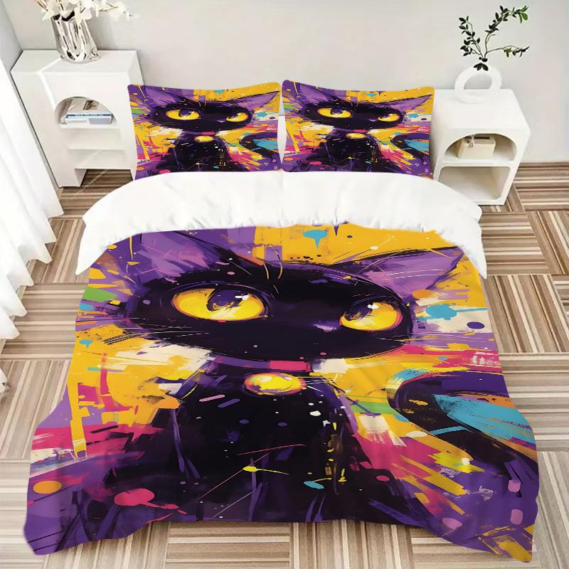 3pcs Colorful Cat Artwork Bedding Set - 1 Duvet Cover + 2 Pillowcases(Core Not Included), Machine Washable Polyester yy251216108