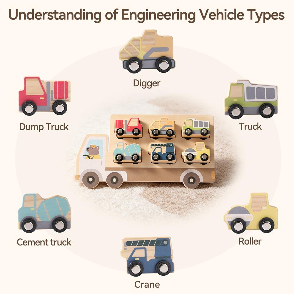 Wooden Construction Truck Toy Set Montessori Shape Matching Puzzle with 6pcs Engineering Vehicles Educational Wooden Car Toys