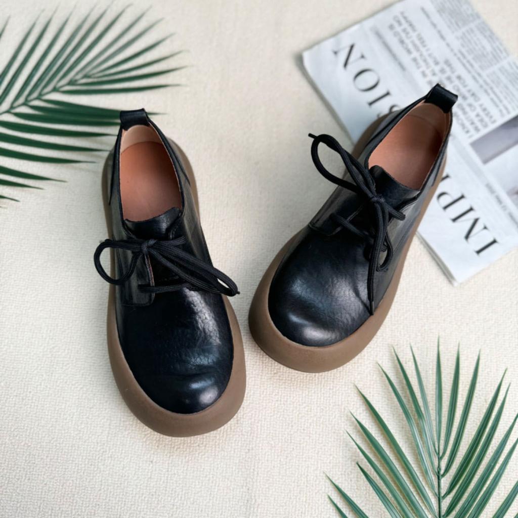 Spring New Women's Shoes First Layer Cowhide Lace-up Thick-soled Single Shoes Retro Round Head Women's Shoes Soft Sole Soft Surface