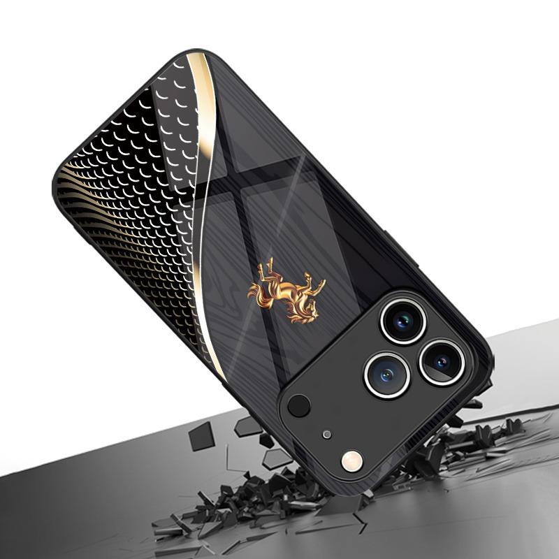 Черный противоударный чехол из закаленного стекла с темным узором и золотой прыгающей лошадью для Samsung Galaxy S23 S24 S25 Ultra Plus FE