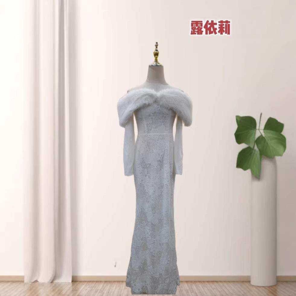 Export Sexy Shoulder Hairy Lace Slim Long Sleeves and Ground Fish Tail Party Annual Meeting Dress Dress Dress
