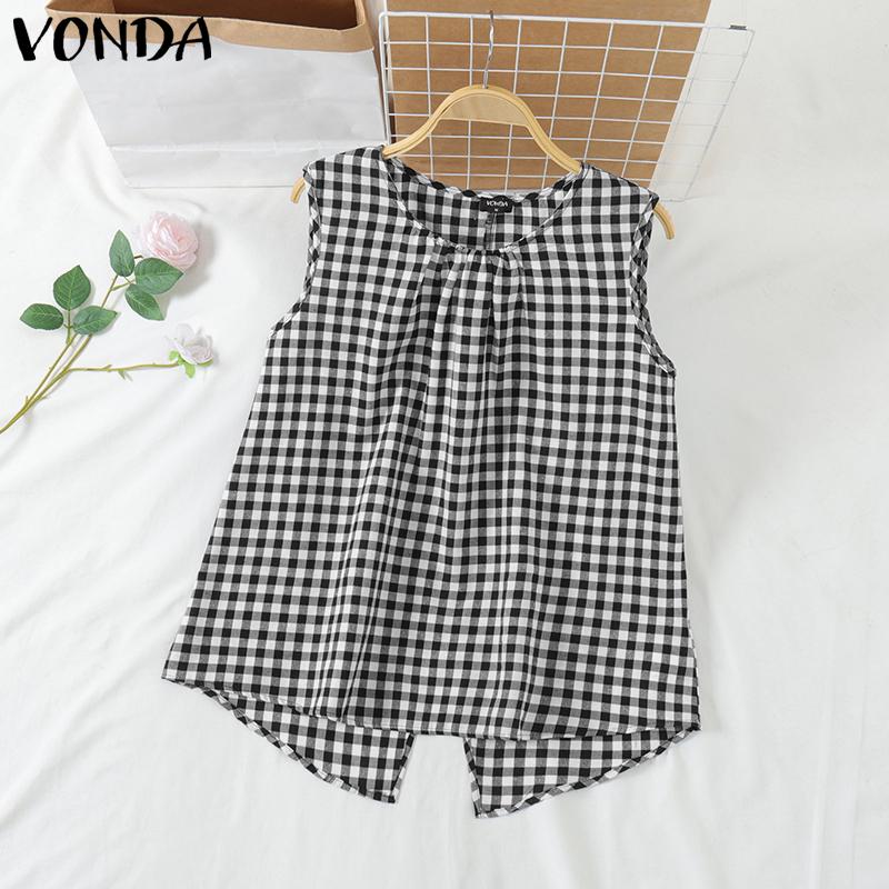VONDA Летние женские безрукавки с клетчатым принтом нестандартные майки футболки