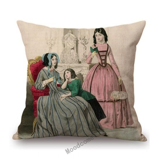 Antique Fashion Book Ettiquette Lady Dress European Costume Elegant Wear Cotton Linen Sofa Throw Pillow Case Chair Cushion Cover