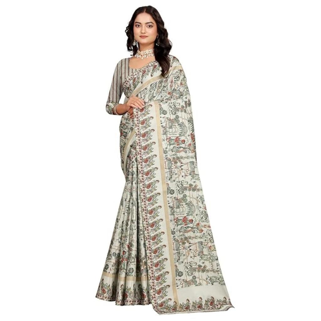 Хлопковое сари, Mulmul Cotton Saree Linen for Wedding Sadi with Blouse Piece (Cream), C J Enterprise