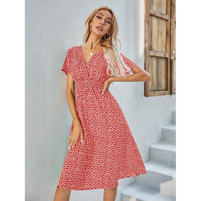 Womens Short Sleeve Floral Print Dress Loose V-Neck Casual Mid-Length