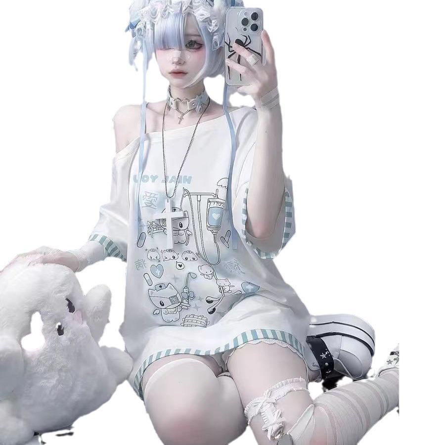 Футболка Y2K Миллениал с принтом, на одно плечо, светло-голубая с полосками котенка - Женский свободный топ