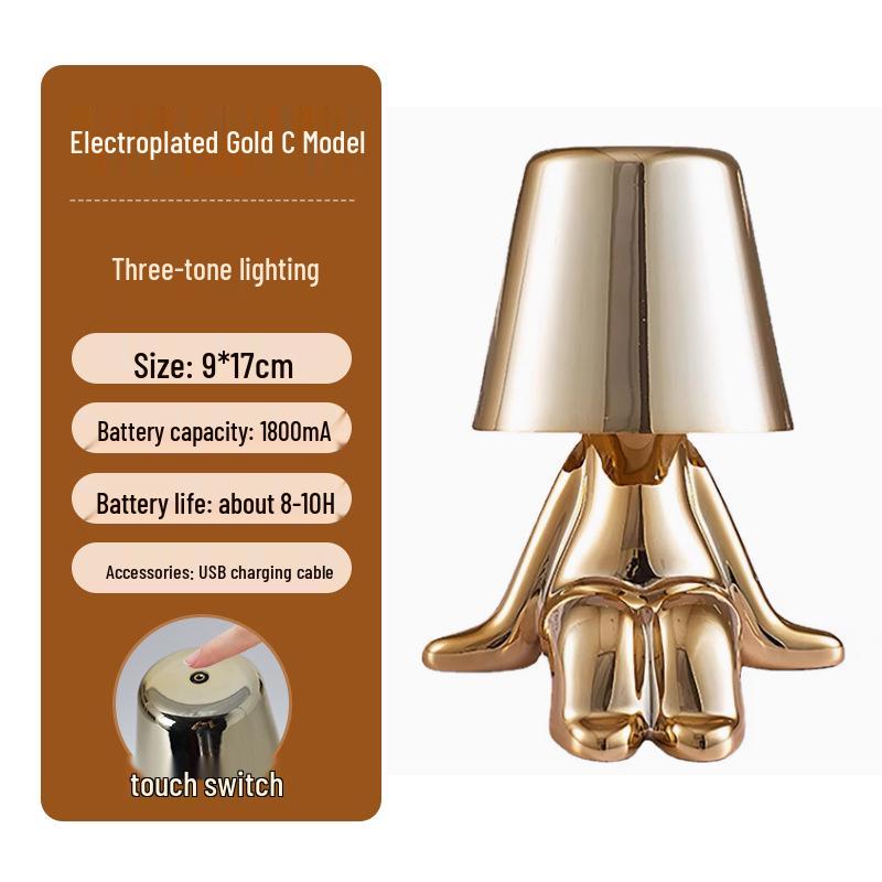 Creative Thinker Electroplated Gold Table Lamp: Rechargeable Night Light & Bedroom Ornament
