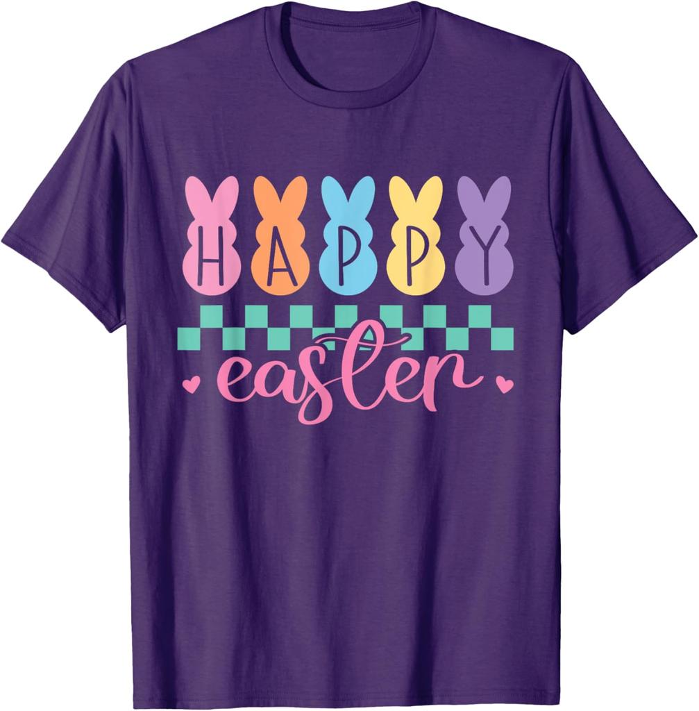 Happy Easter Bunny Graphic Tee Pastel Checkered Print Casual Short Sleeve T-Shirt