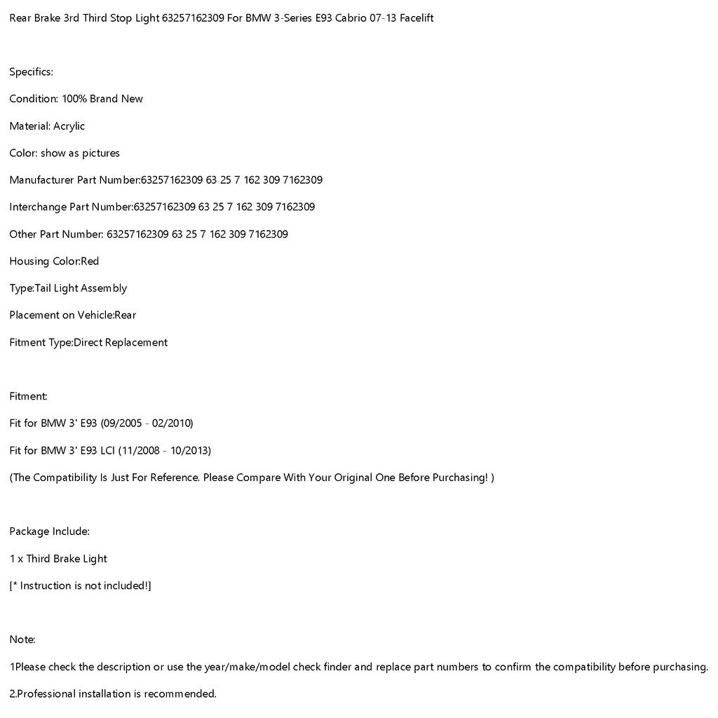 Rear 3rd Third Stop Light 63257162309 For BMW 3-Series E93 Cabrio 07-13 Facelift