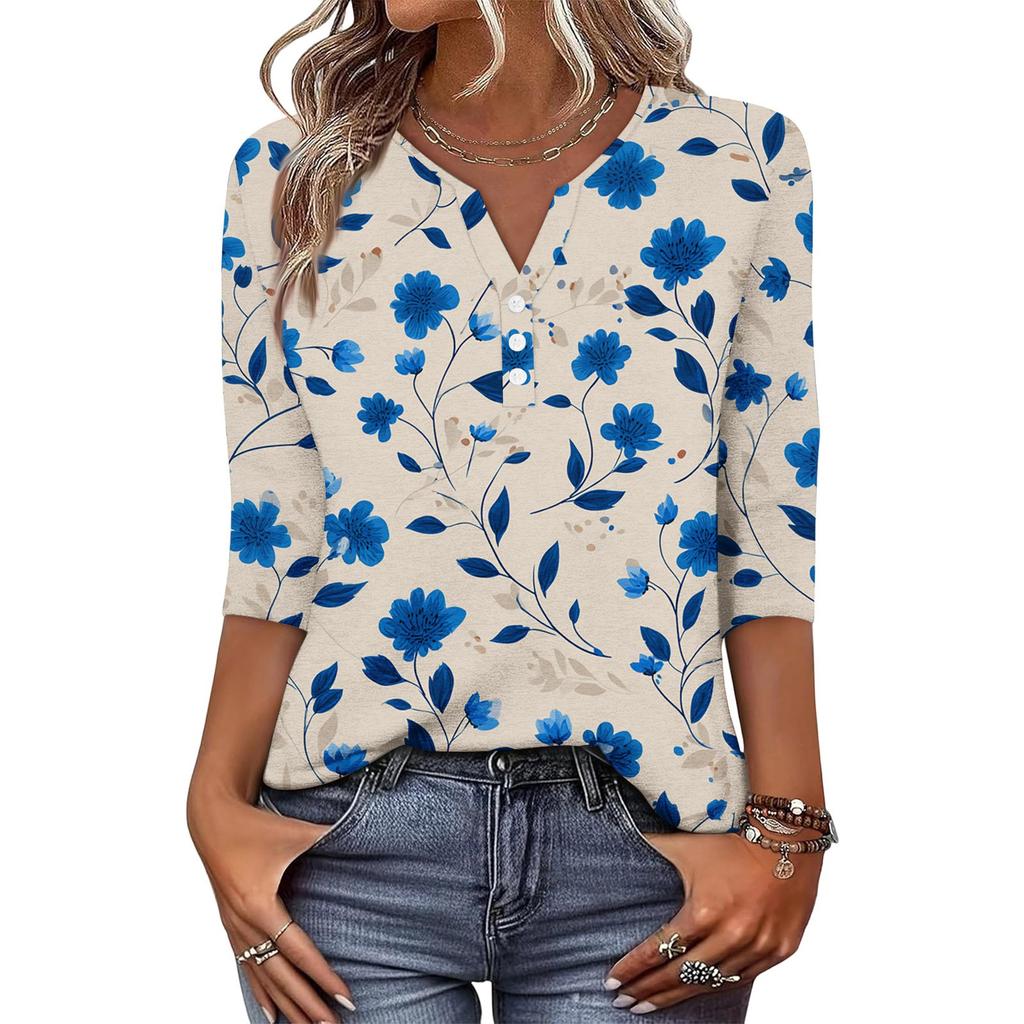 Женская модная повседневная ретро футболка с цветочным принтом, V-образным вырезом, на пуговицах, с рукавом три четверти