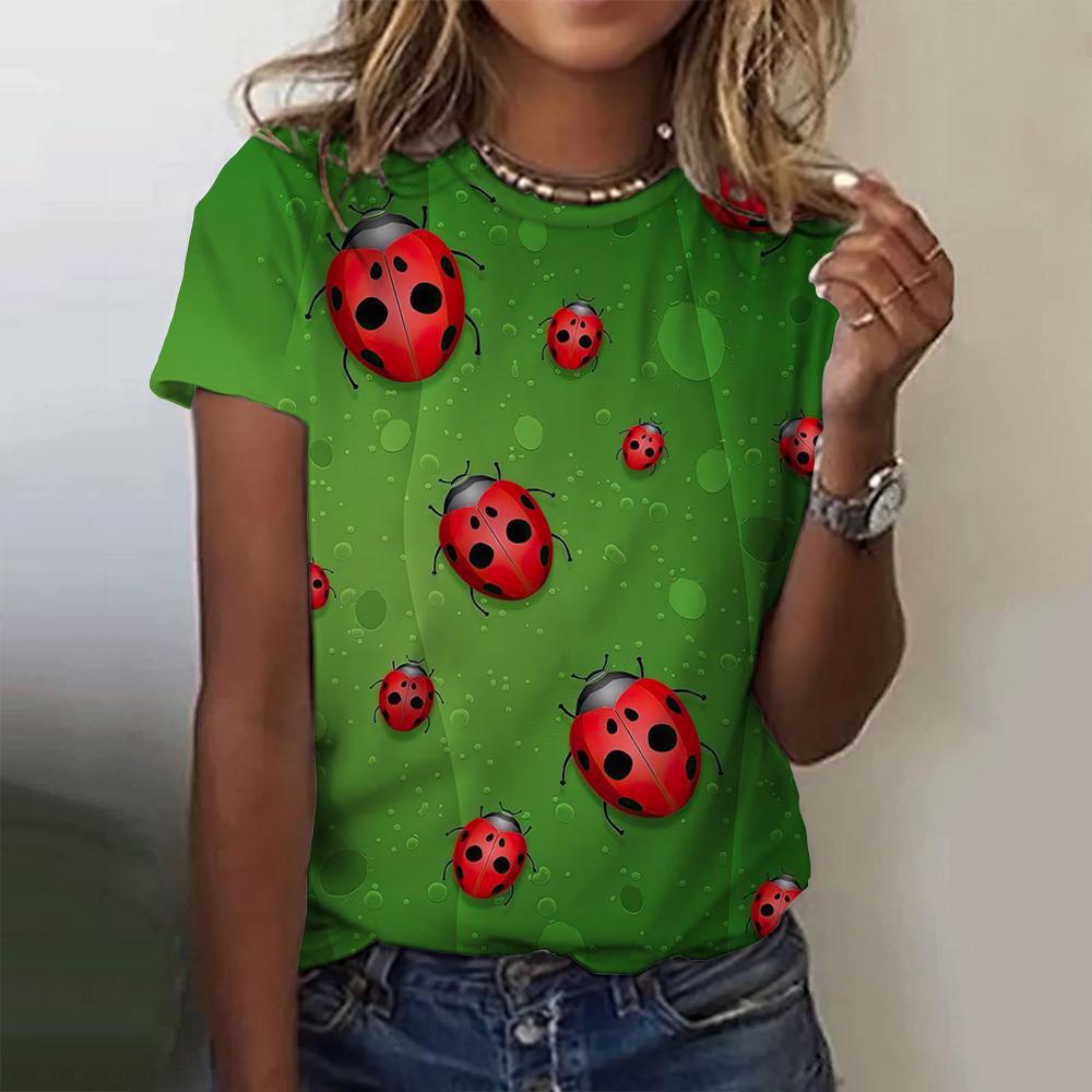 Летний топ с круглым вырезом и принтом 3D божьей коровки, модные повседневные женские футболки с короткими рукавами
