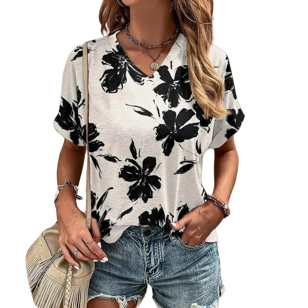 S-8XL Летняя футболка размера плюс для женщин с V-образным вырезом Повседневная мода Граффити Футболки Harajuku Одежда Свободные топы с коротким рукавом Пуловер