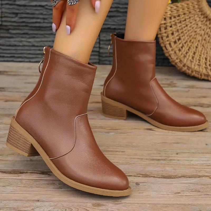 Женская обувь 2024 года, горячая распродажа, женские ботинки на молнии, зимние, квадратный носок, однотонные, короткие, на толстом каблуке, модные ботинки большого размера
