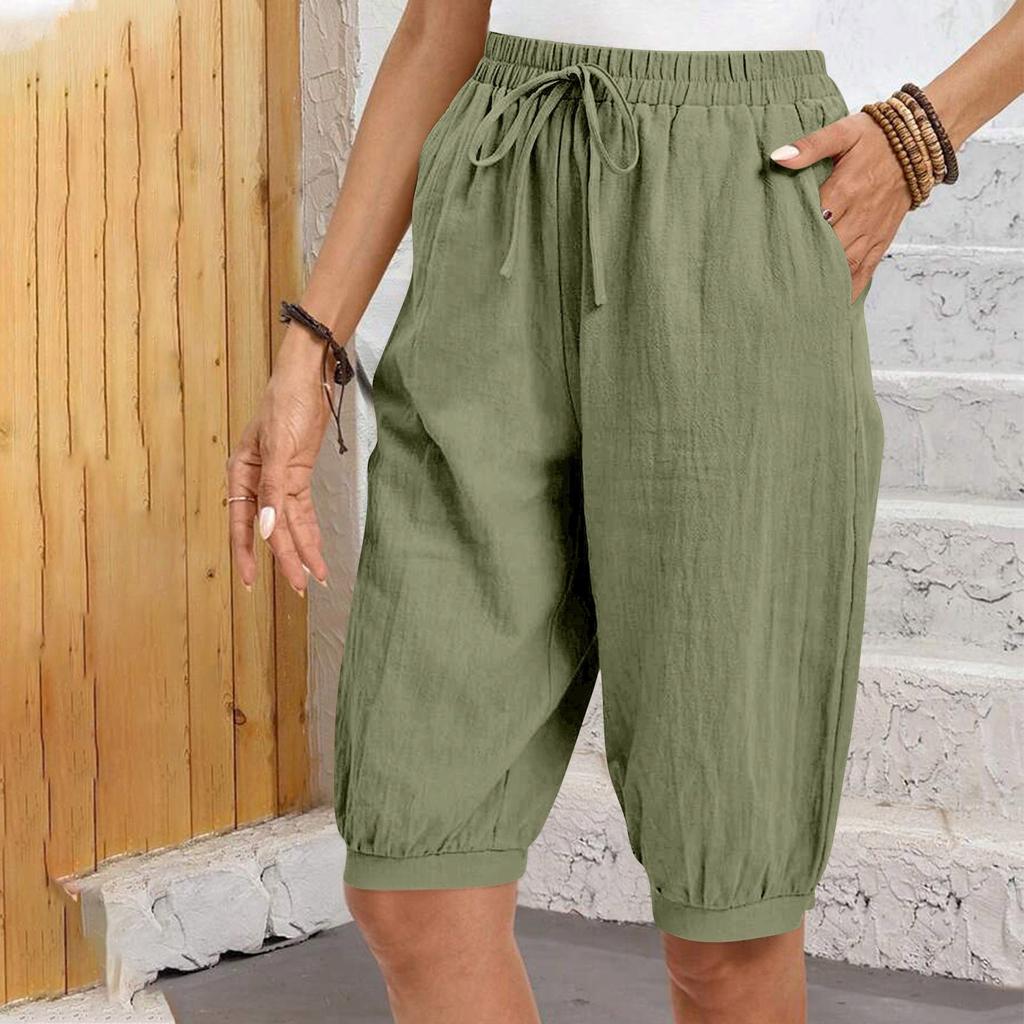 Женские модные однотонные повседневные брюки с завязками на талии и карманами длиной пять четвертей