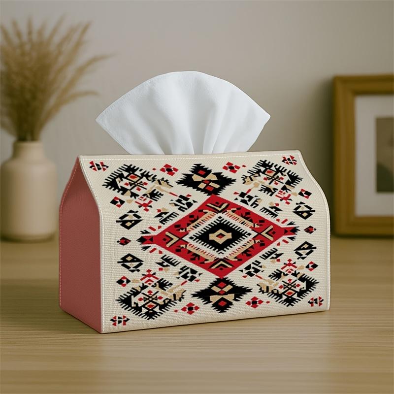 1pc Party Tissue Box, Ethnic Tribal Design, Versatile Tissue Holder, Geometric Red And Black Pattern, Outdoor Party Essentials, Daily Desktop Tissue O