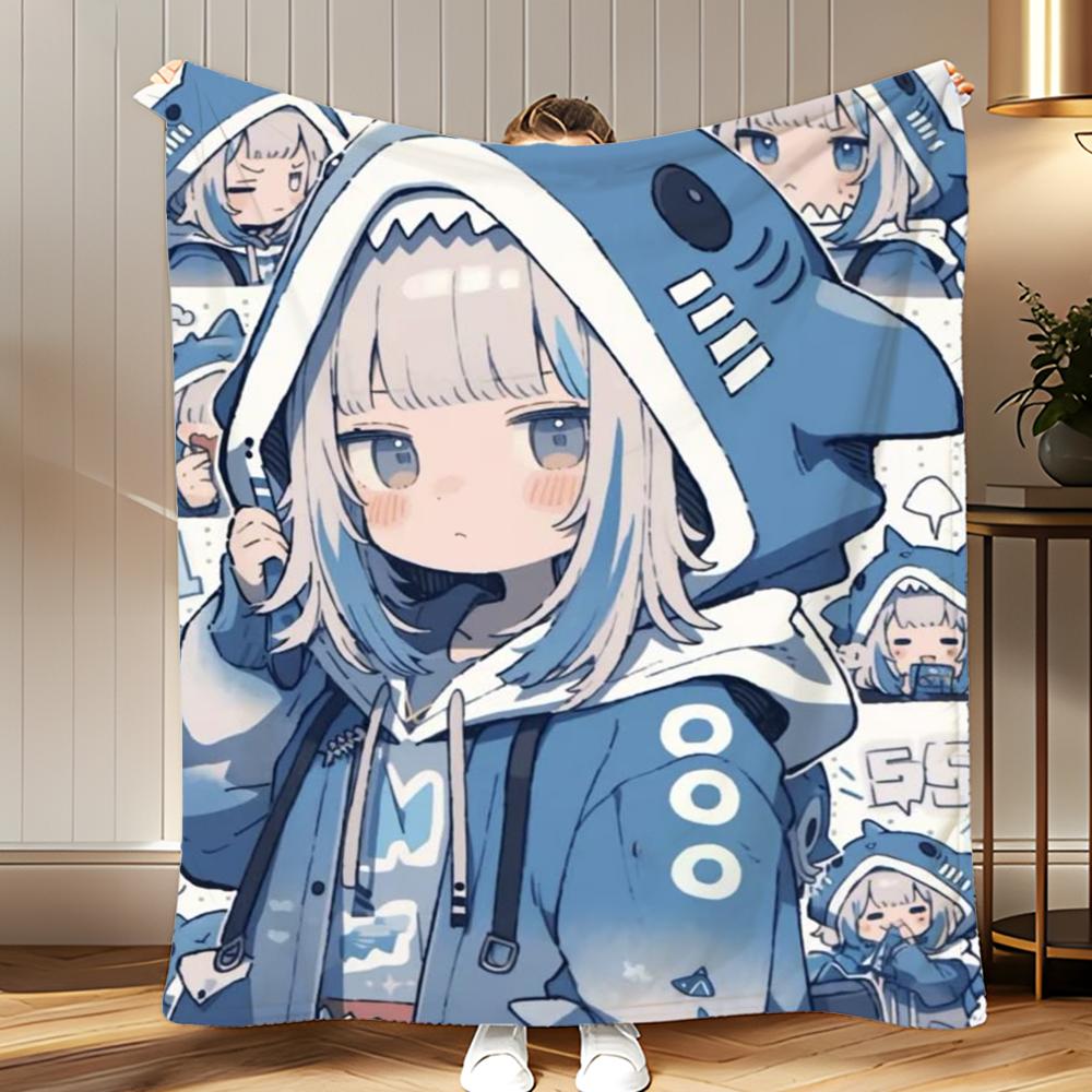 vtuber Gawr Gura Throw Soft Coral Fleece Blanket 310gsm Fluffy Warm Throw for Sofa Bed Couch Bedroom Decor