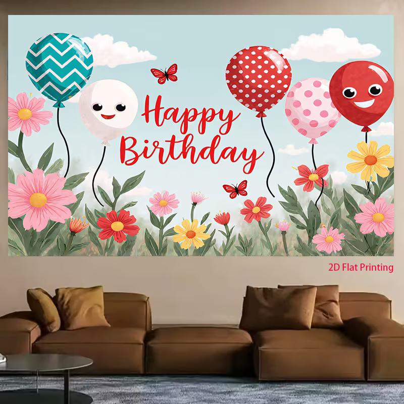 2D Kids Birthday Backdrop with Smiling Balloons, Flowers and Butterflies
