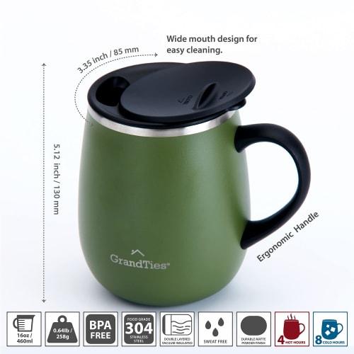 GRANDTIES Premium Vacuum Insulated Mug, 460ml, Available in 19 Colors, with Easy-Open Sliding Lid, Stainless Steel Double-Wall Vacuum Insulation, and
