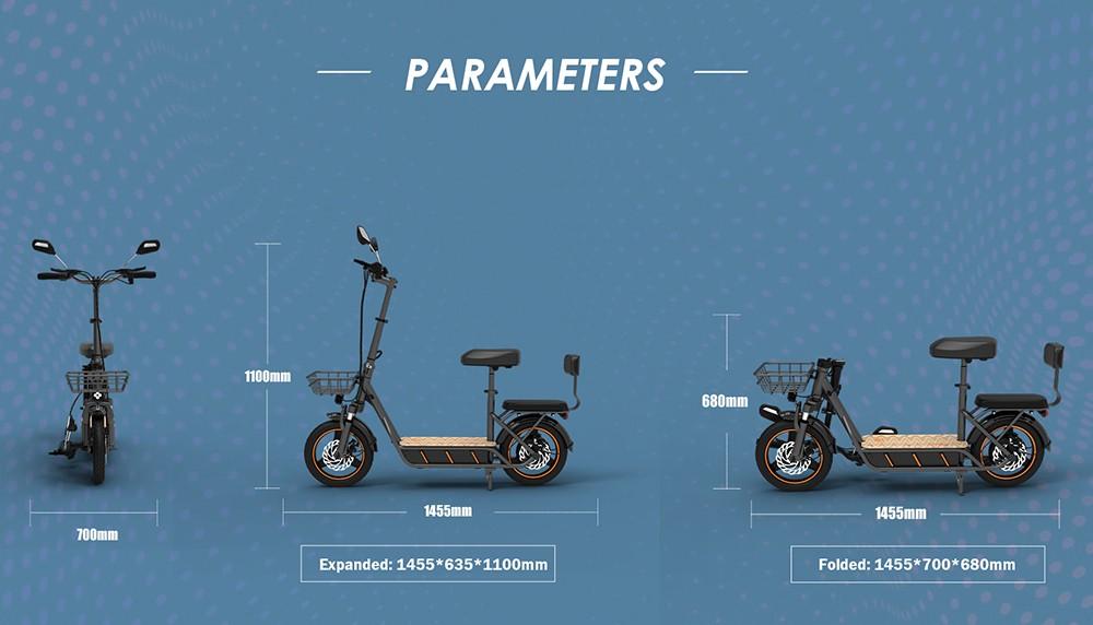 Складной электрический скутер с большой батареей 48 В 26 Ач, 14-дюймовыми толстыми шинами и сиденьем, максимальный запас хода 100 км, максимальная скорость 45 км/ч, пиковая мощность 800 Вт