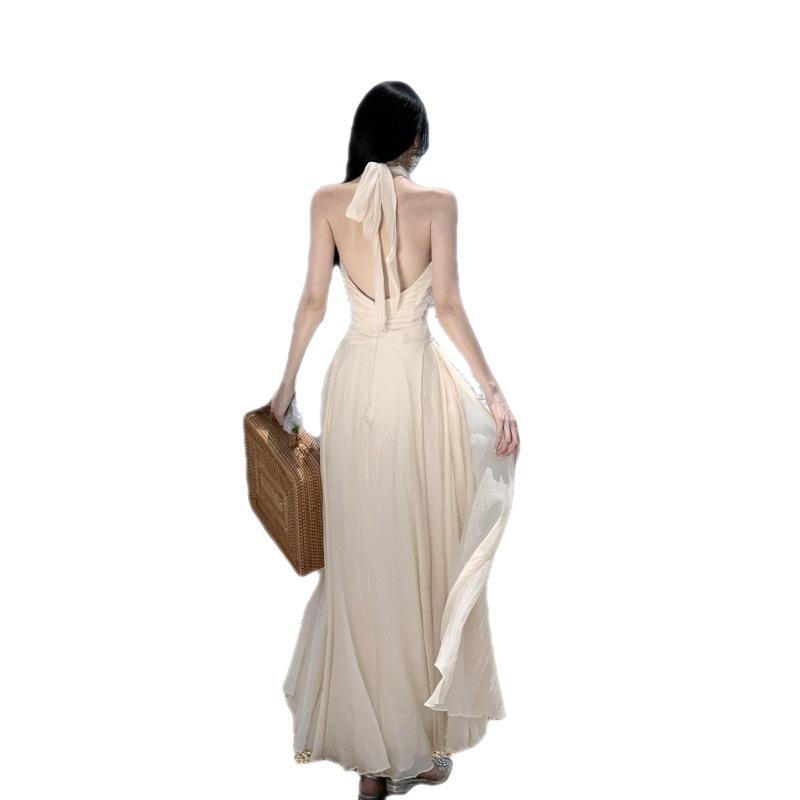 Women's Summer Sleeveless Hanging Neck Gentle Temperament Waist Long Dresses