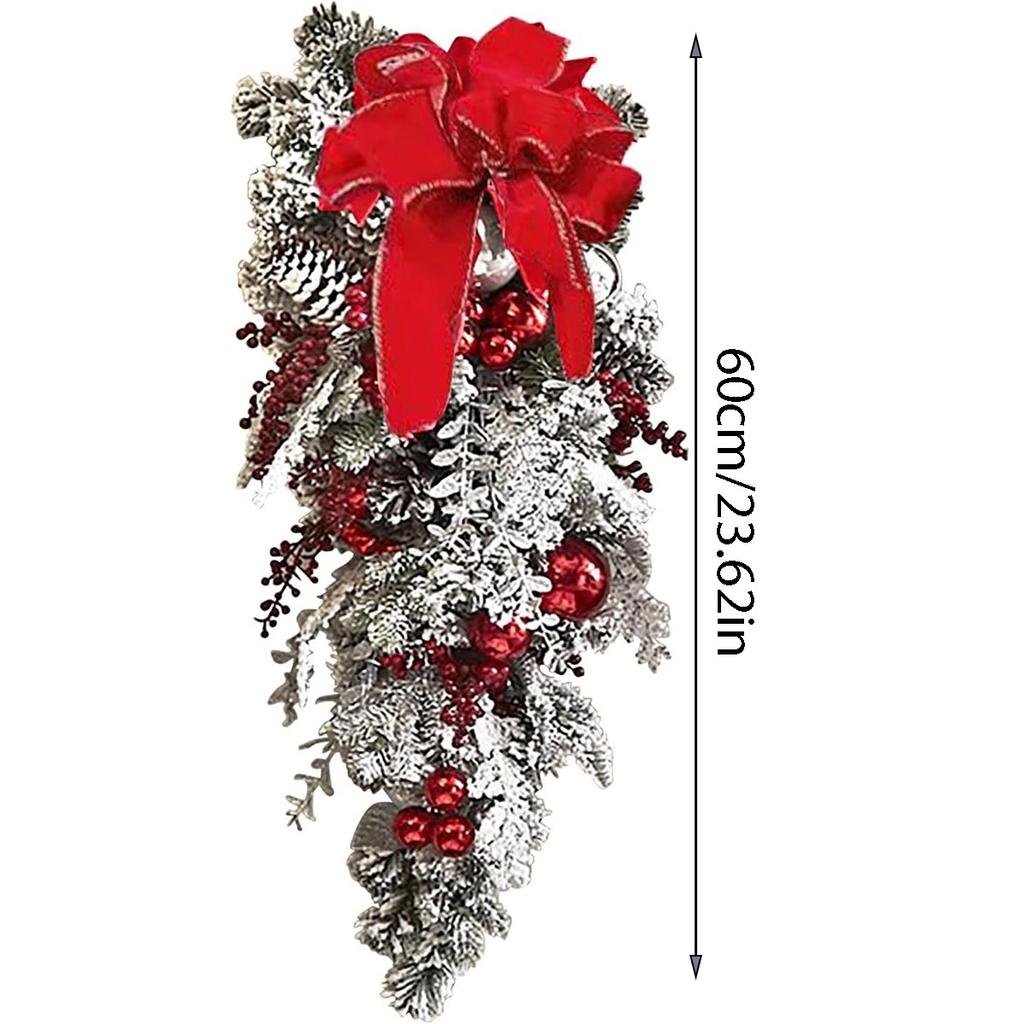 1pc Artifical Christmas Teardrop Swag for Front Door, Christmas Garlands with Christmas Ball Red Berry Pine Cone Rustic Garland for Xmas Home Decor