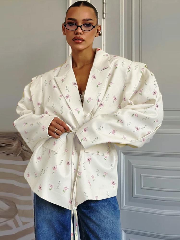 Fashion Floral Belts Blazer Coat Women Shoulder Pads Single Breasted Notched Long Sleeve Street Jacket 2025 Spring Holiday Party