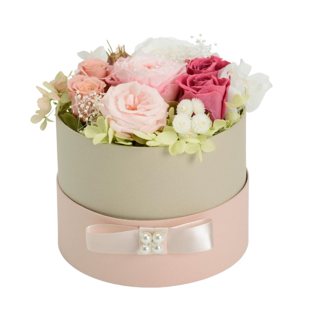 Azurosa Preserved Flower Arrangement, Popular Birthday Gift, Round Box, Pink Roses, Hydrangeas, and Baby's Breath