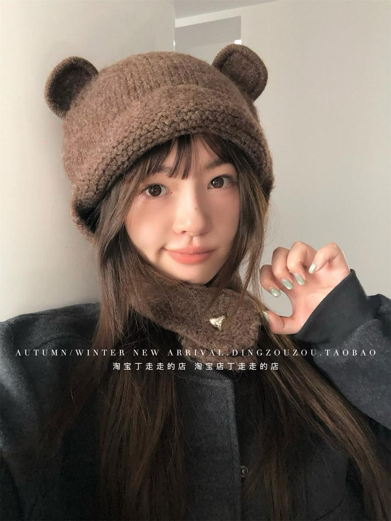 Bear wool hat female cute face small wool knitted hat warm ear protection Lei Feng hat wholesale