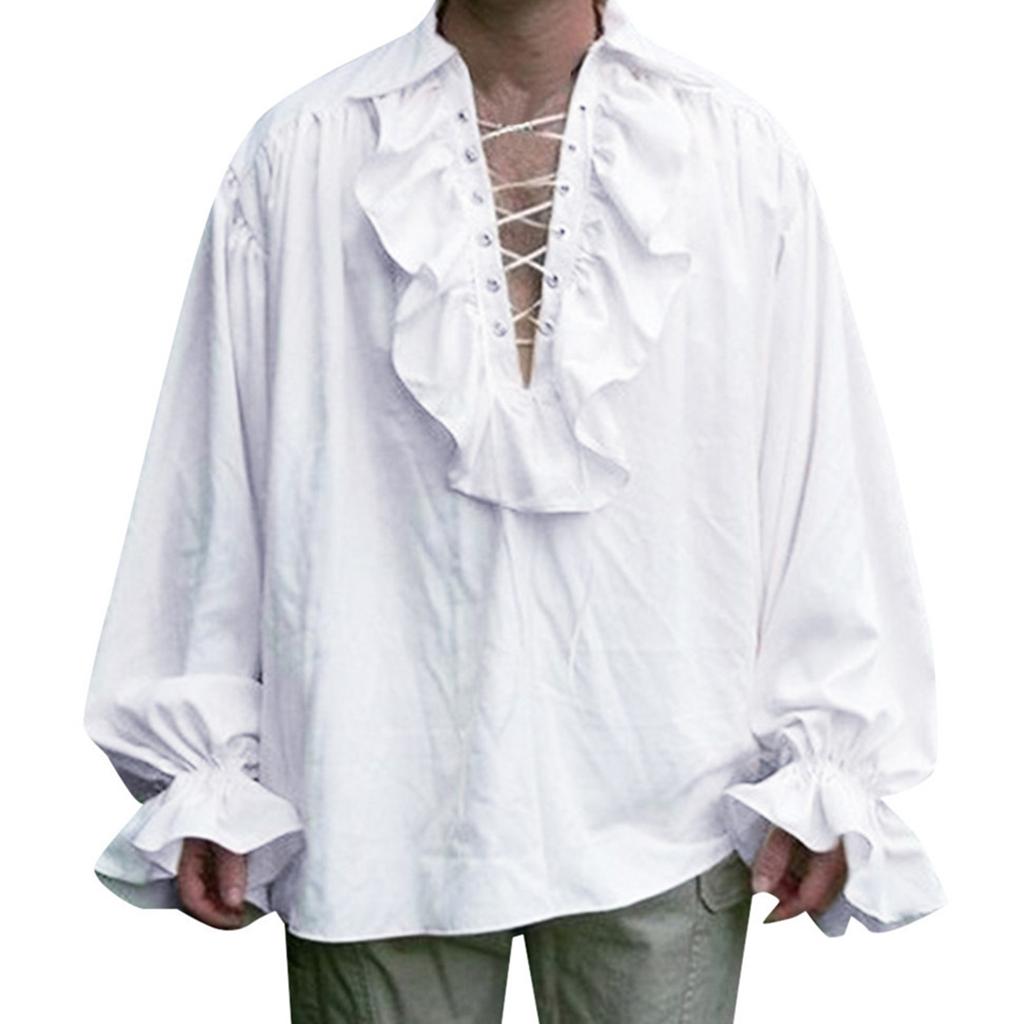 Mens Cosplay Prince Tops Long Sleeve Lace Up Steampunk Pirate Shirt