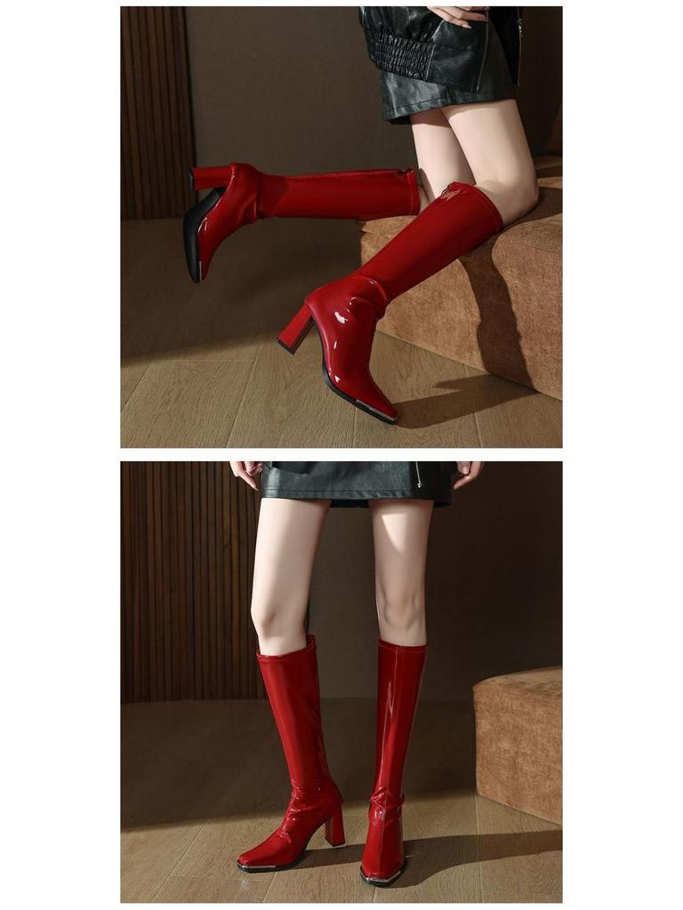 Women's Red Patent Leather Chunky Heel Boots - Autumn/Winter 2025 Collection, Metal Anti-Collision Square Toe, Elastic, Sexy Long Design.