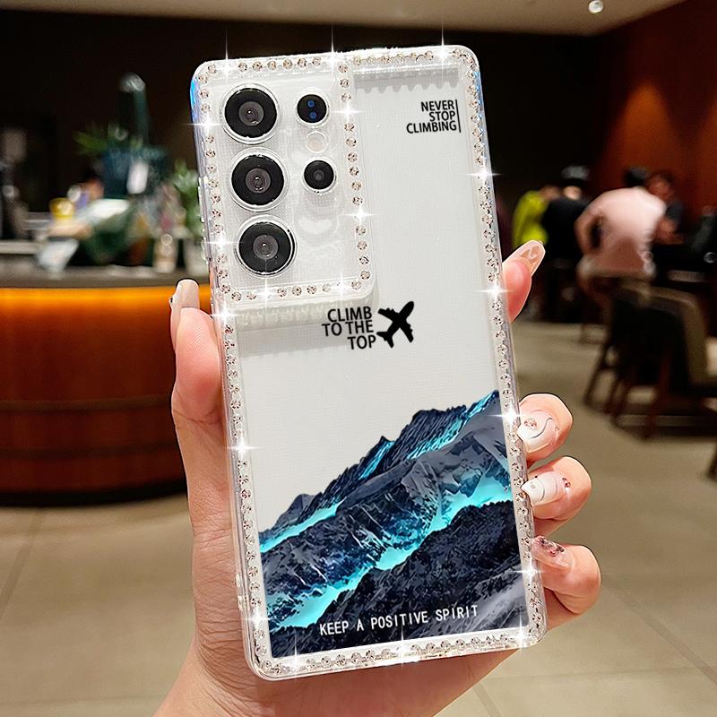 Airplane Snow Mountain Diamond Case For Samsung Galaxy A56 A55 A54 A36 A15 A16 A25 5G S25 Edge S24 Ultra S23 FE TPU Phone Cover