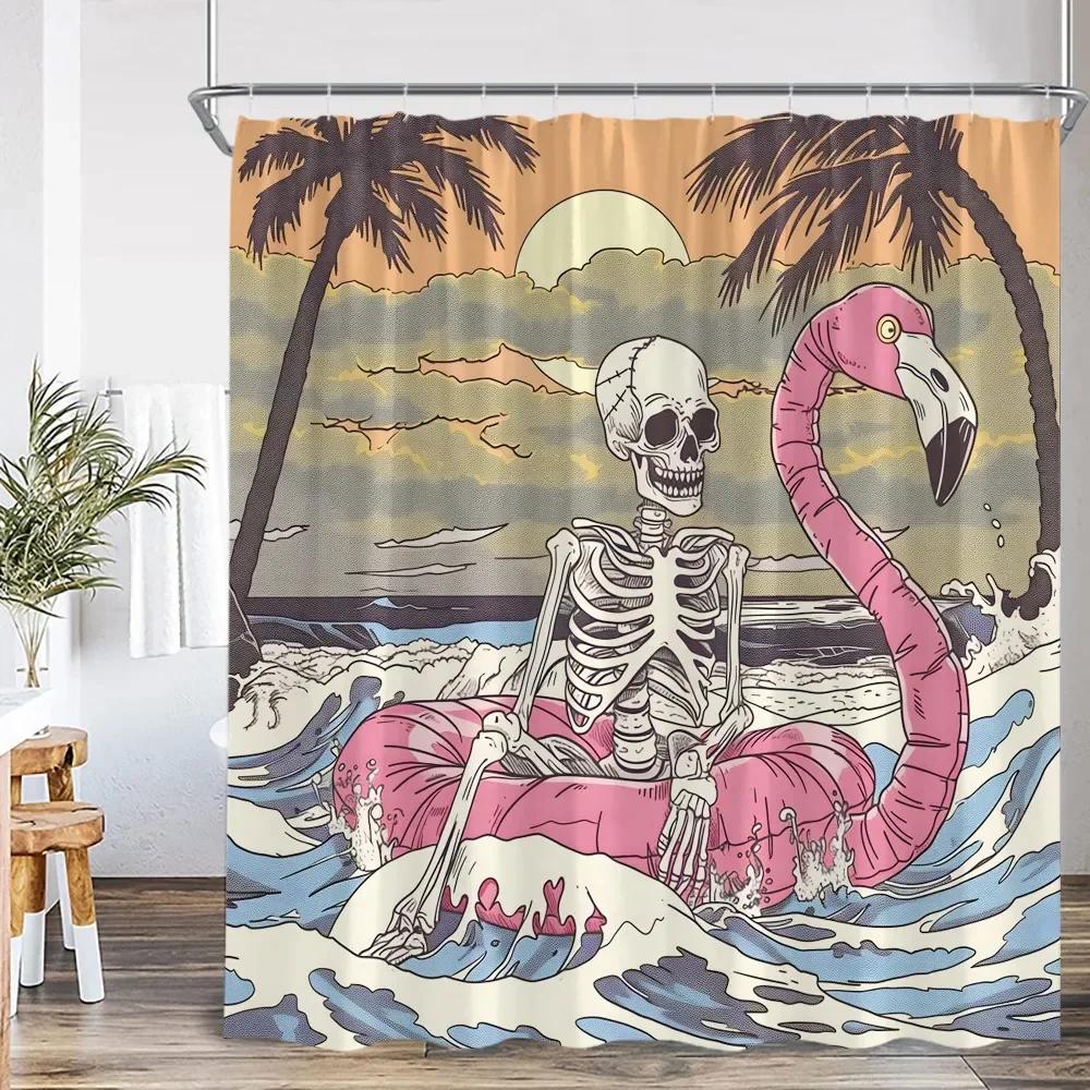 Забавная шторка для душа с костями черепа Хэллоуин Цветок Зеленые листья Украшение для ванной комнаты Винтажный череп Полиэстеровая шторка для душа