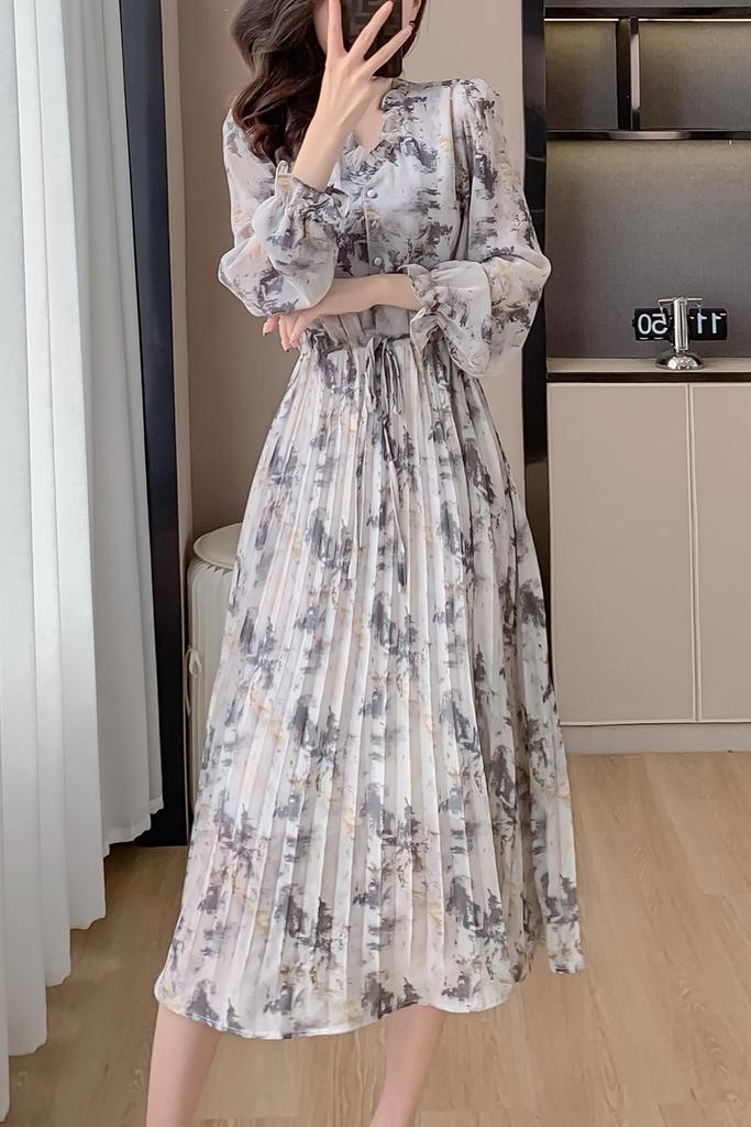 Spring Long Floral Flared Elegant [Chubikime] Women's Dress, Sleeve, Chiffon, V-Neck, Ruffle, A-Line Dress, Print, Dress, Pleated, Stylish,