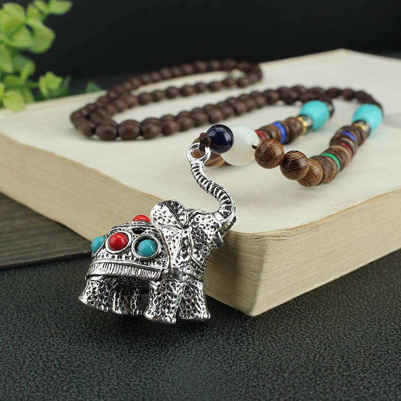 Ethnic Elephant Necklace Versatile Wooden Long Sweater Chain Handmade Vintage Buddha Cotton and Hemp Accessories Pendant